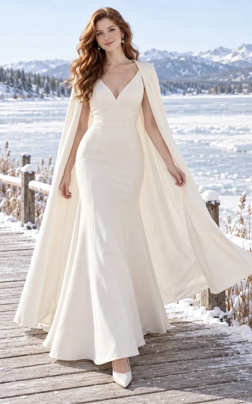 Simple V-neck A-line Winter Wedding Draped Cape Dress