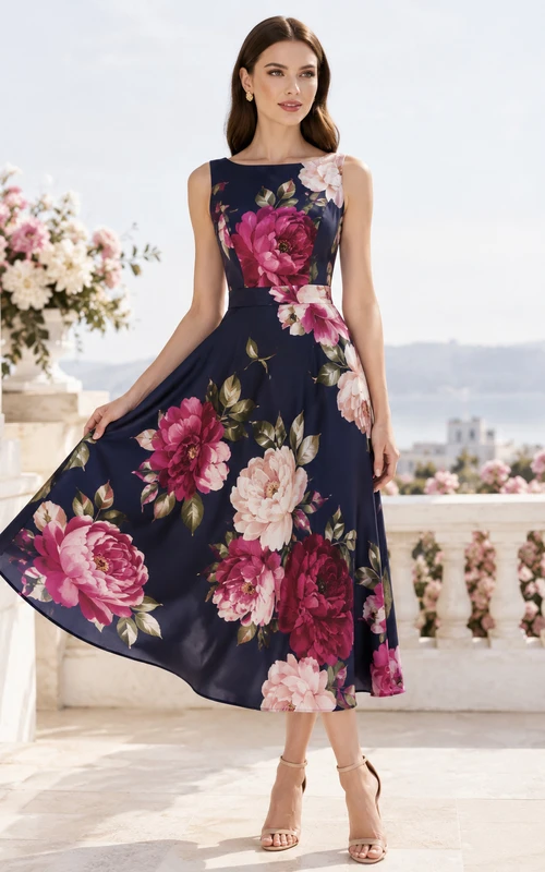 Navy Large Rose Print Sleeveless Tea Length Dress