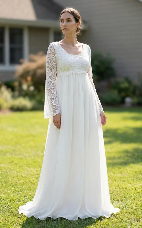 Chiffon-Hochzeitskleid mit langen Ärmeln und Empire-Taille