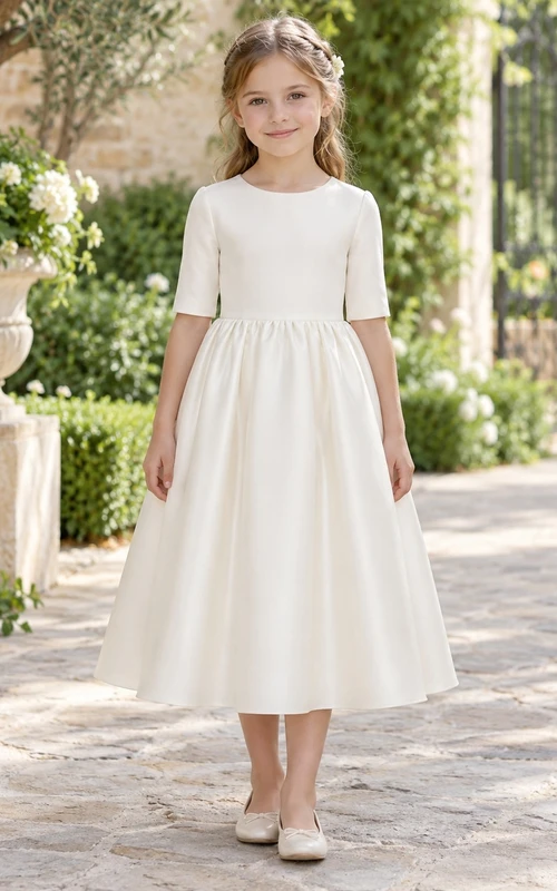 Simple Modest Tea-length Ivory Jewel Half-sleeve Gathered Satin-skirt Button-back Flower Girl Dress