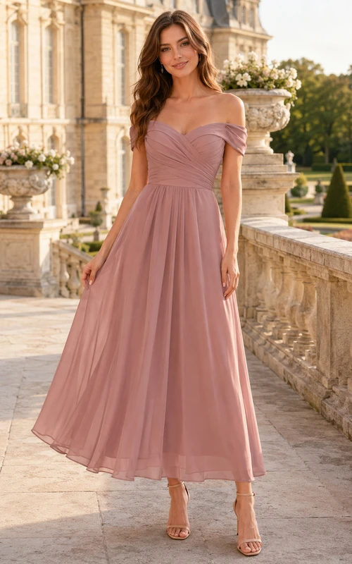Estate Dusty Rose Off-Shoulder Tulle A-Line Tea-Length Pleated Guest Dress
