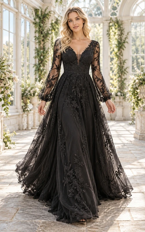 Black Long Poet Sleeve V-Neck Lace A-Line Wedding Dress