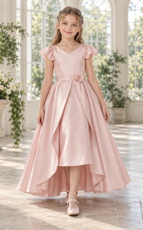 Blumenmädchenkleid aus Satin, hochgeschnitten, rosafarben, V-Ausschnitt, flatternden Ärmeln und floralem Muster