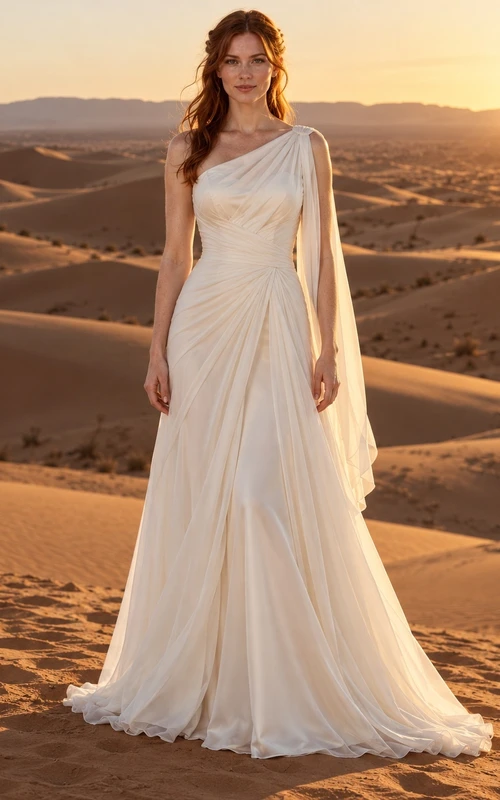 Vestido de novia sencillo de un solo hombro con corpiño drapeado de gasa, capa en el hombro y cola larga.