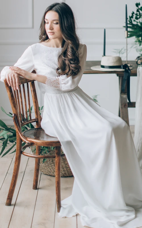 Scoop-neck Long Sleeve Chiffon Deep-v Neck Casual Wedding Dress with Deep-v Back