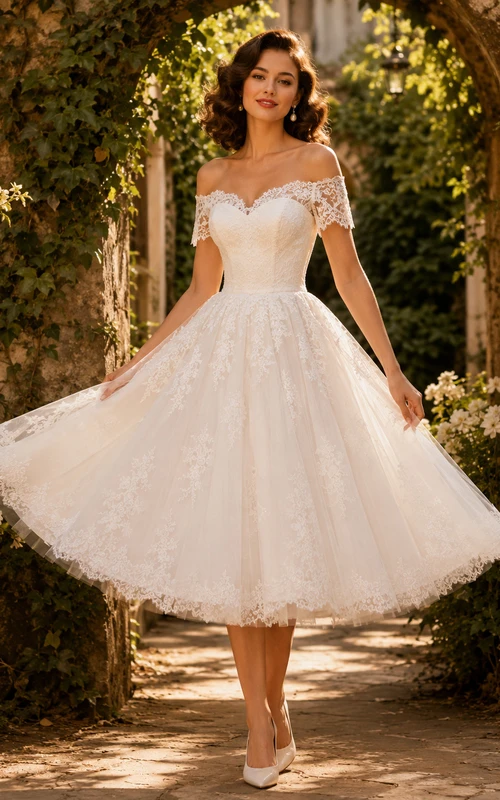 Vintage Off Shoulder Tulle Tea-Length A-Line Wedding Dress