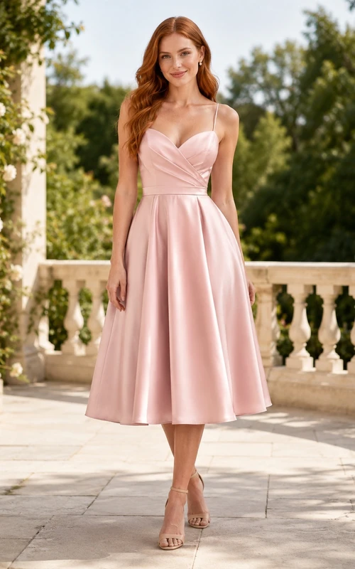 Perlmuttrosa, ärmelloses, plissiertes A-Linien-Gartenkleid aus Satin in Teelänge mit Herzausschnitt