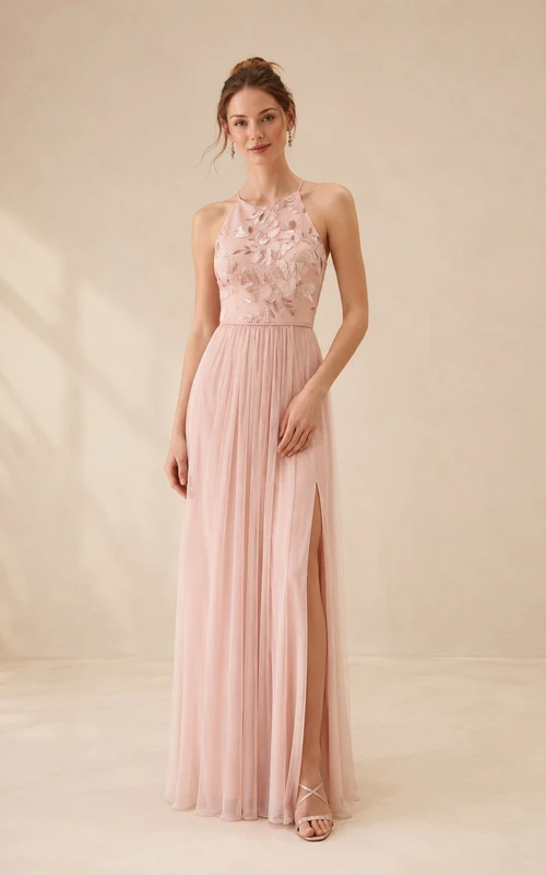 Rosafarbenes, perlenbesetztes, plissiertes Chiffon-A-Linien-Kleid in Bodenlänge für festliche Anlässe