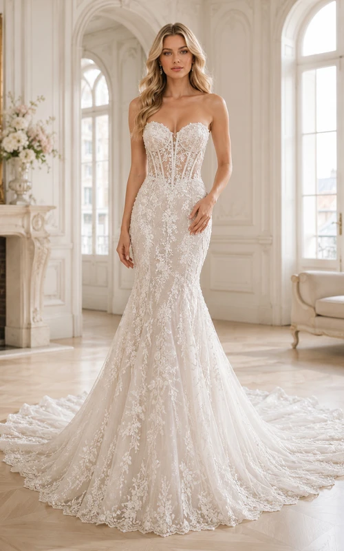 Robe de mariée sirène bustier en dentelle épurée, décolleté cœur, traîne chapelle, ornée d'appliques, style jardin.