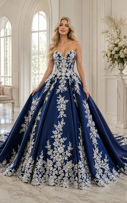 Königsblaues, aufwendig verziertes Ballkleid mit Herzausschnitt, ärmellos, aus Tüll, luxuriöses Kapellen-Hochzeitskleid