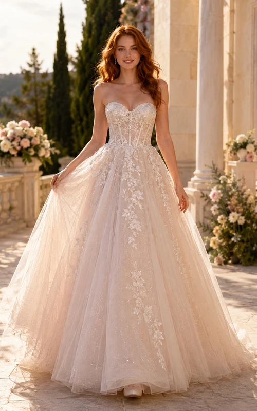 Vestido de novia largo sin tirantes de encaje y tul de lujo, corte en A, hasta el suelo.