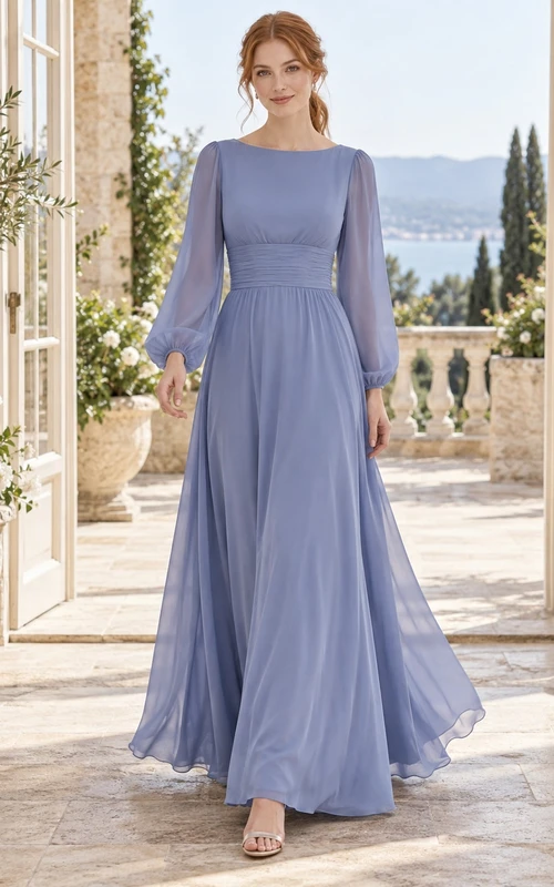 Vestido de dama de honor de gasa color bígaro, manga larga, escote barco, cintura fruncida y largo hasta el suelo.