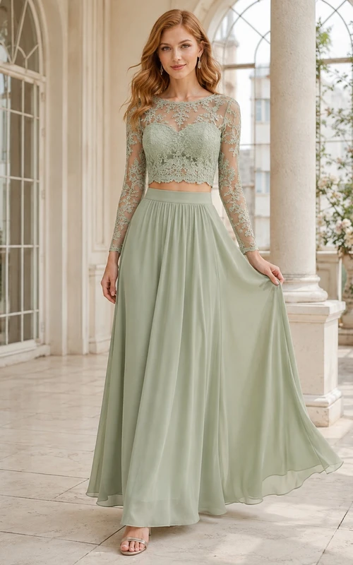 Sage Lace Chiffon Long Sleeve Square Neck Two Piece A-Line Formal Dress