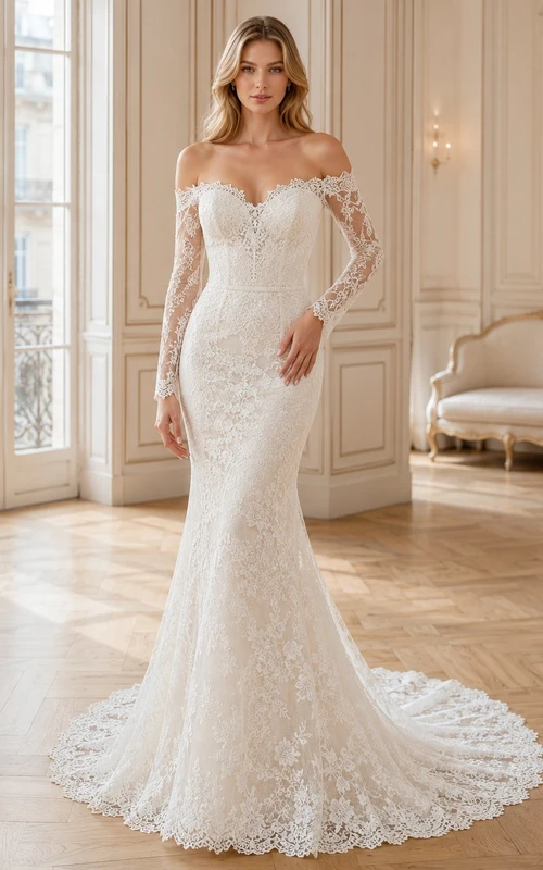 Brautkleid im Meerjungfrauenstil mit langen Ärmeln, Spitze und Schleppe, festlich