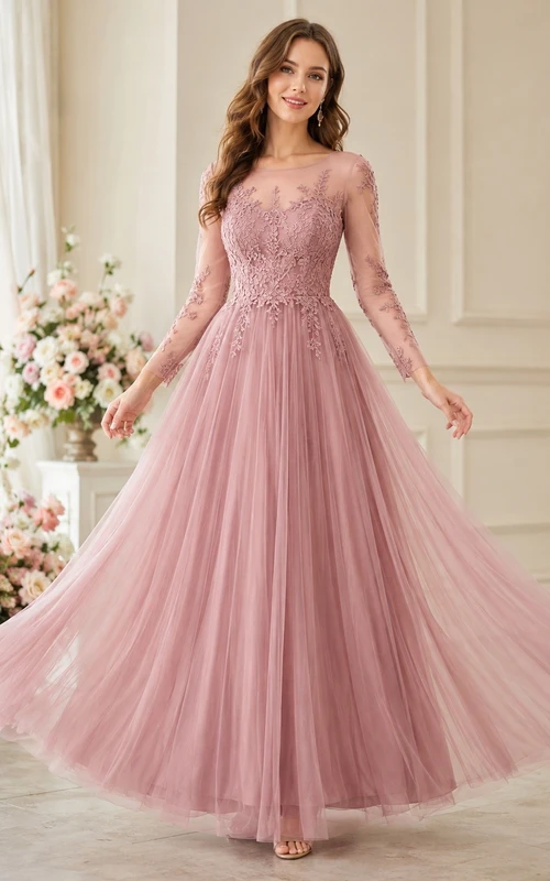 Dusty Rose Floral Lace Sleeveless Tulle Ball Gown Bridesmaid Dress