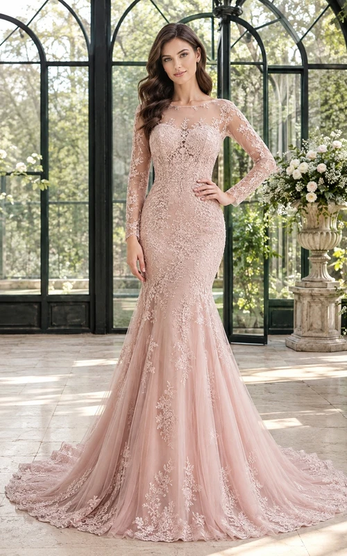 Vestido de novia bohemio sirena elegante y romántico con estampado floral, edición B de encaje.