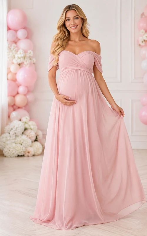 Robe de mariée empire en mousseline rose poudré à épaules dénudées pour baby shower de petite fille
