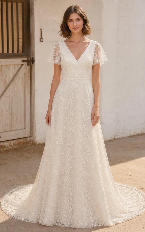 Vestido de novia romántico de corte A con escote en V, mangas cortas y borde festoneado floral.
