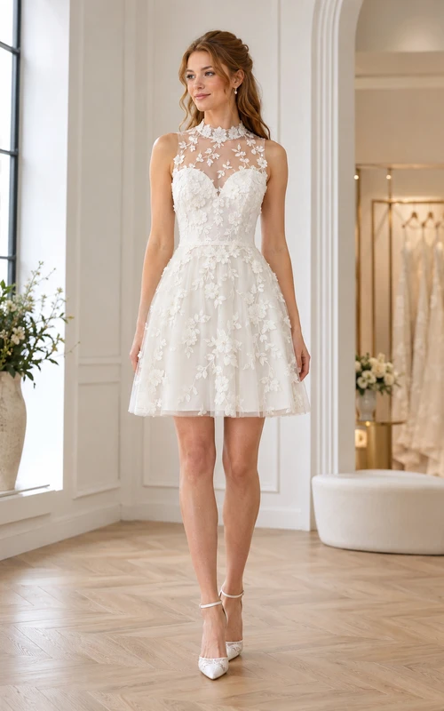 Weißes Mini-Brautkleid in A-Linie mit hohem Kragen und Illusionsspitze