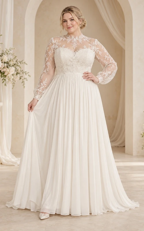 Vestido de novia modesto de gasa de encaje con cuello alto y manga larga, corte en A y espalda ilusión.