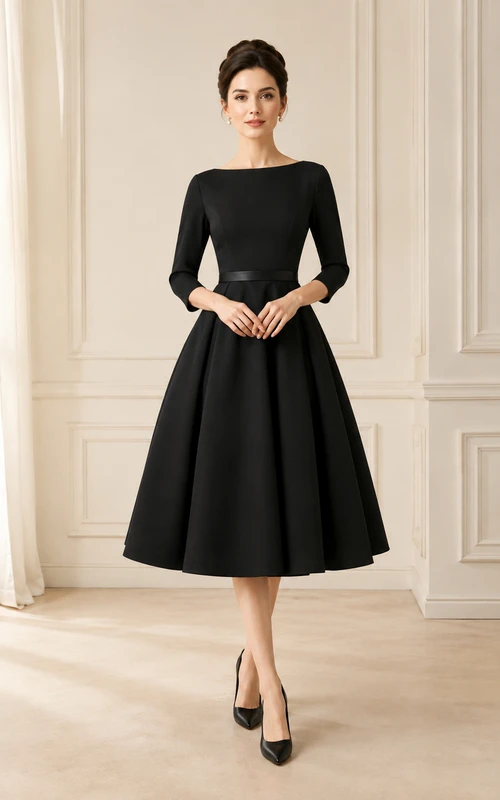 Vestido de cóctel negro de satén con corte en A, manga corta y estilo barco, de estilo vintage.
