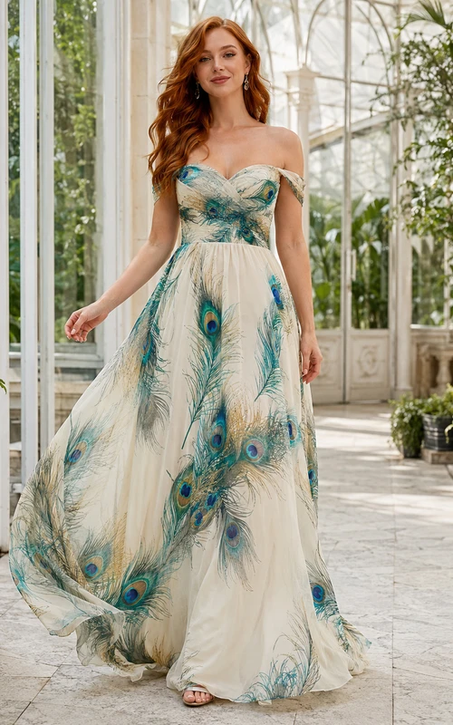 Peacock Feather Print Off Shoulder Chiffon A-Line Maxi Dress