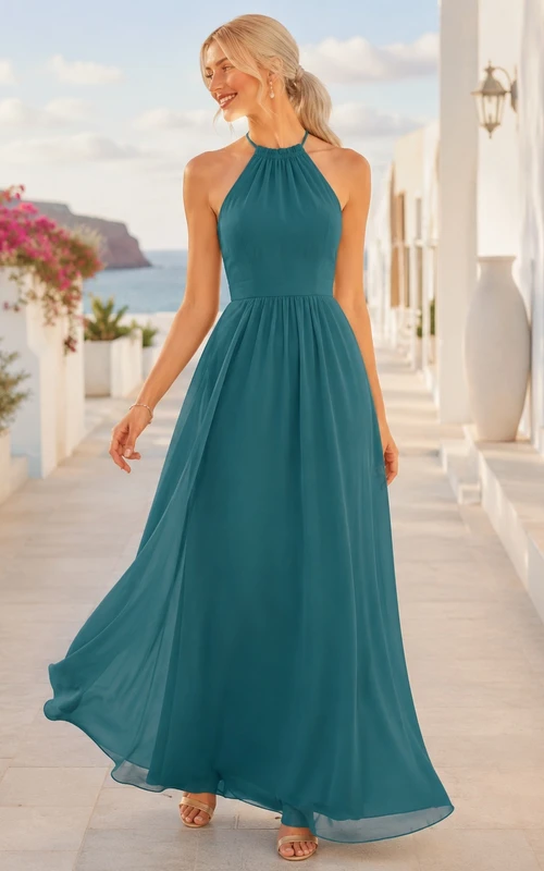 Vestido sencillo de dama de honor de verano para playa, de gasa color turquesa, corte en A, largo hasta los tobillos.