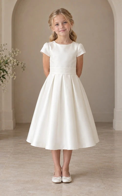 Robe de demoiselle d'honneur simple ivoire mi-longue, ornée de bijoux, manches courtes arrondies, taille haute, plis étroits, ourlet uni, fermeture éclair au dos, manches courtes arrondies, manches courtes arrondies, taille haute, ourlet uni, fermeture éclair au dos