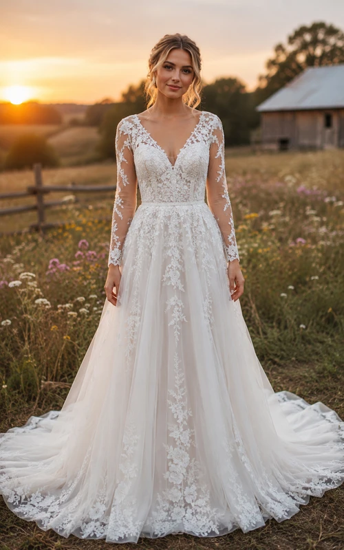 Robe de mariée champêtre en dentelle, coupe trapèze, manches longues, dos en V et traîne chapelle.