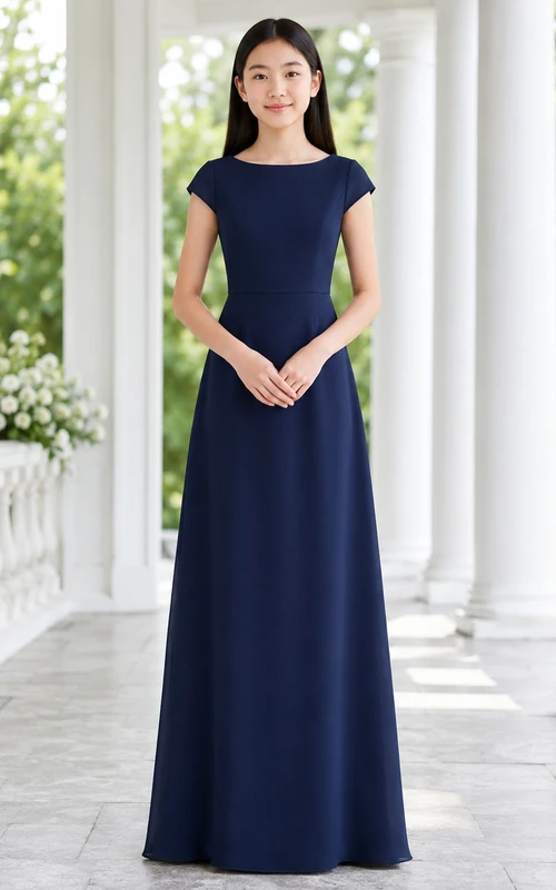 Dunkelblaues, elegantes Etuikleid für junge Brautjungfern aus Chiffon mit kurzen Ärmeln und Schmucksteinen