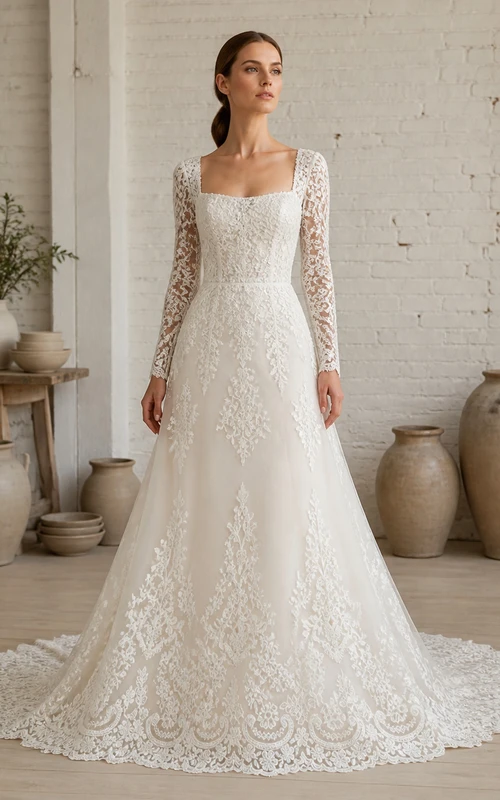 Vestido de novia modesto de manga larga, corte A, escote cuadrado, encaje floral de cerámica y cola de capilla