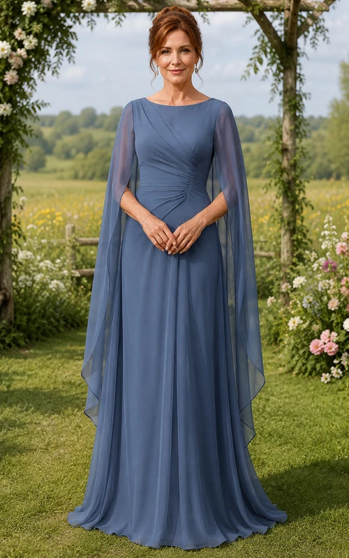 Stahlblaues A-Linien-Kleid aus Chiffon mit U-Boot-Ausschnitt und langen Ärmeln