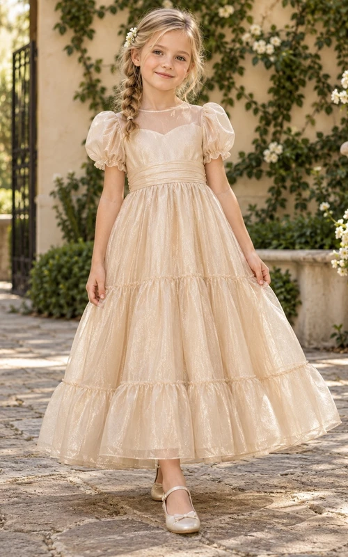 Champagne Illusion Neck Puff Sleeve Tiered Organza A-line Flower Girl Dress