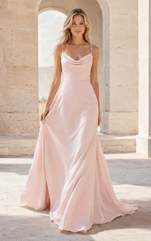 Robe de mariée fourreau en satin rose poudré, dos nu, bretelles spaghetti et col bénitier