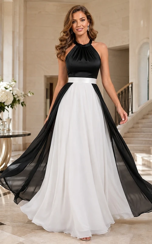 Vestido de noche formal largo hasta el suelo, negro y blanco, con escote halter.