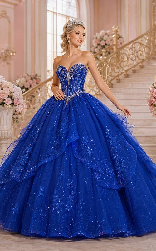 Royal Blue Strapless Beaded Tiered Quinceanera Ball Gown