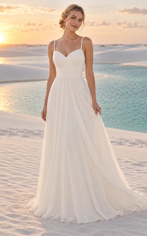 Chiffon-Brautkleid mit herzförmigem Ausschnitt, feinen Trägern, drapiertem Oberteil und schmaler A-Linien-Schleppe