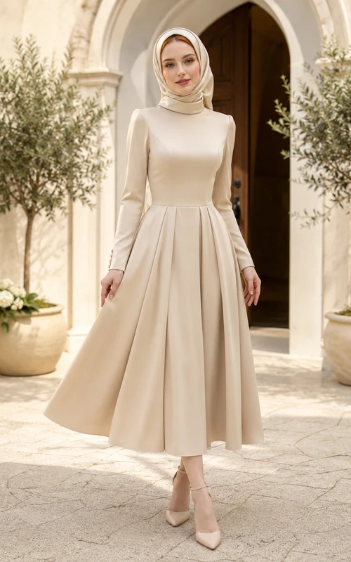 Vestido de novia civil musulmán modesto plisado color champán, largo hasta la rodilla.