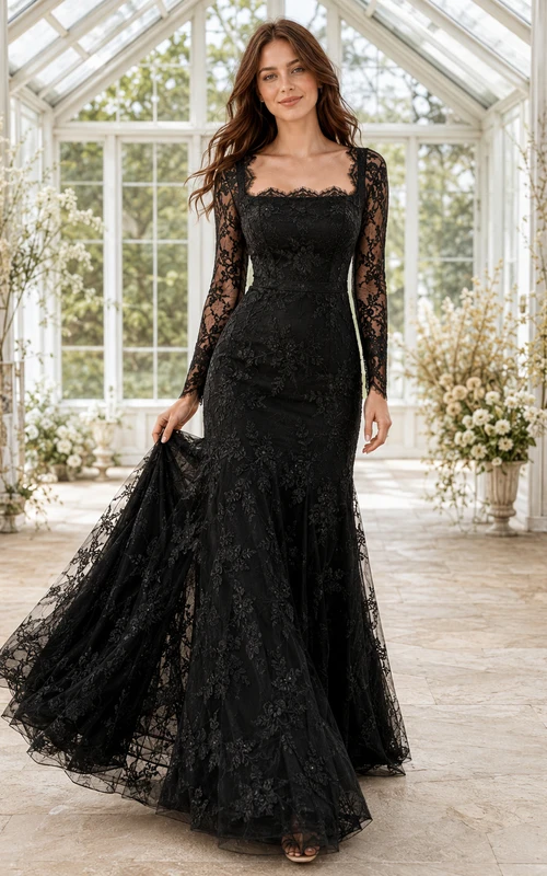 Robe de mariée sirène noire gothique à col festonné et manches longues en dentelle festonnée, longueur au sol