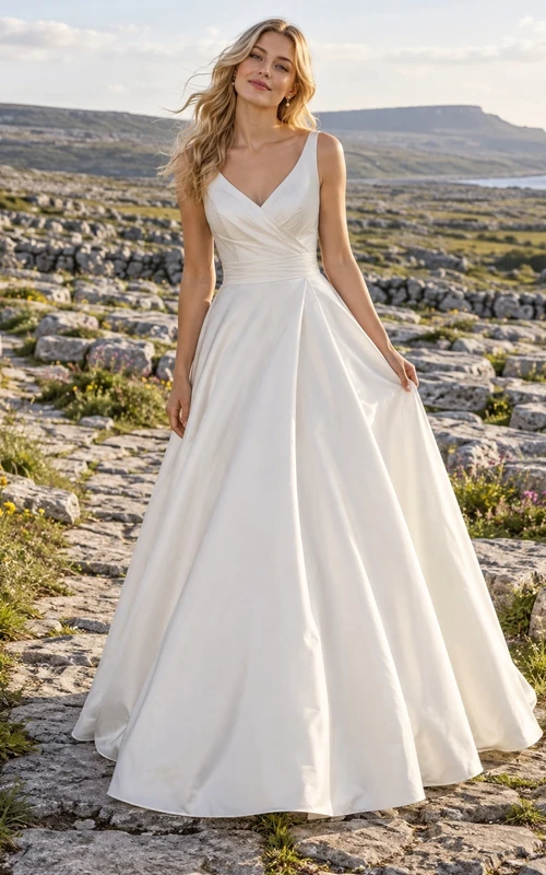Vestido de novia sencillo de corte A con escote en V y sin mangas, de tafetán fruncido.