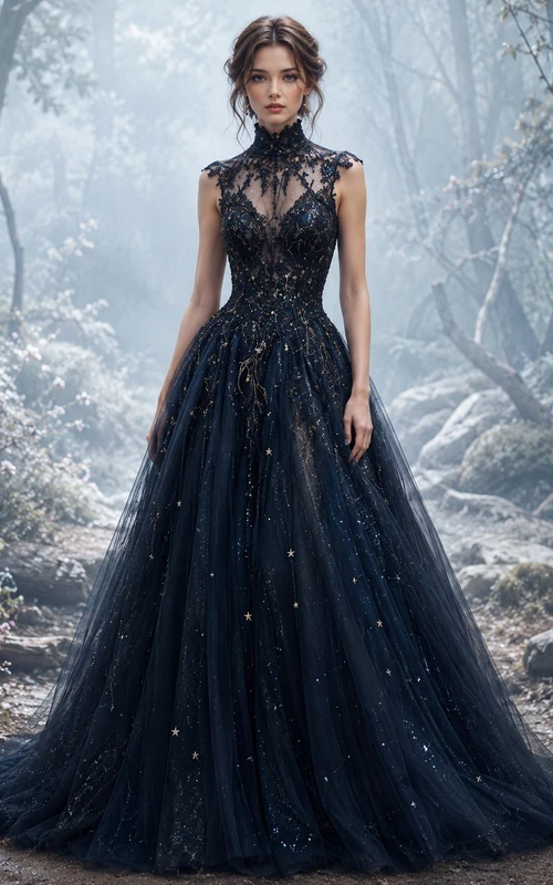 Schwarzes gotisches Pailletten-Ballkleid mit hohem Kragen, Spitze und Kathedralenschleppe