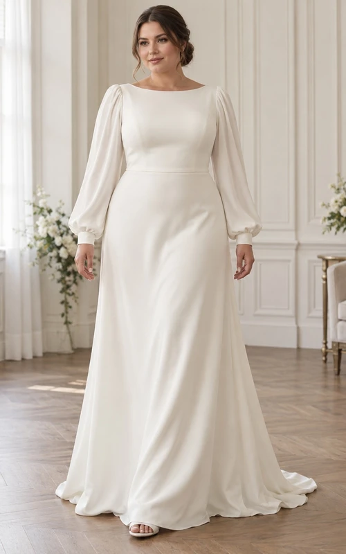 Vestido de novia de corte A con escote barco, mangas largas y espalda abotonada.