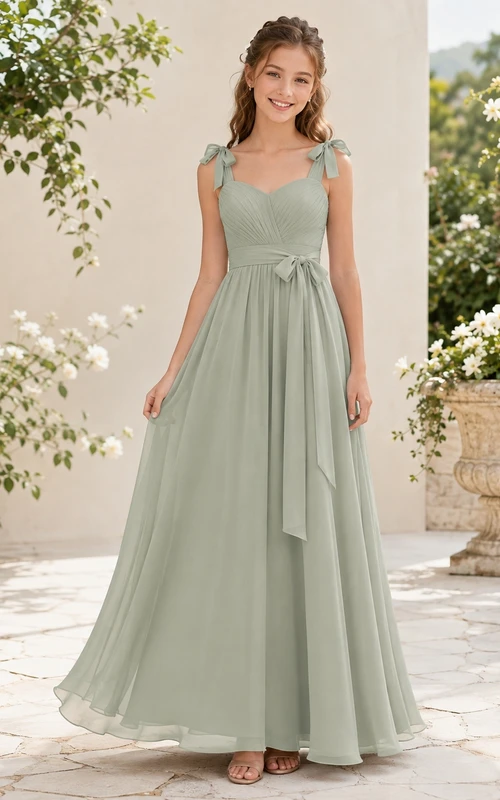 Celadonfarbenes Brautjungfernkleid für junge Mädchen, A-Linie, herzförmiger Schnitt, ärmellos, Chiffon, elegant