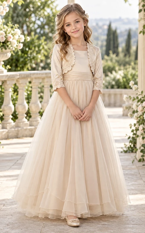 Modest Champagne A-line Tulle Lace-bolero Three-quarter-sleeve Floor-length Scalloped Flower Girl Dress