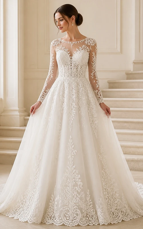Elegante vestido de novia catedral de corte A con mangas largas y apliques de barco.