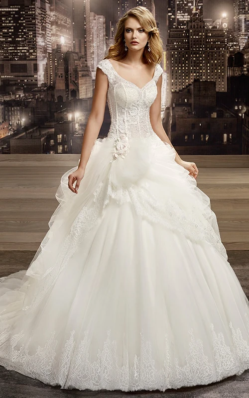 V-neck Floral Cap sleeve Wedding Gown with Lace Corset and Asymmetrical Ruffles and Lace-up Back