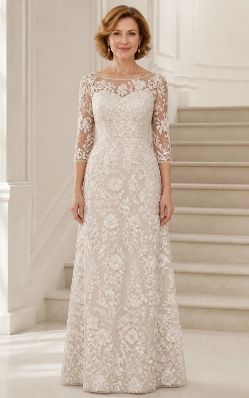 Robe de mariée sobre en dentelle festonnée, coupe trapèze, longueur au sol, manches trois-quarts, pour la mère de la mariée, idéale pour les mariées plus âgées.