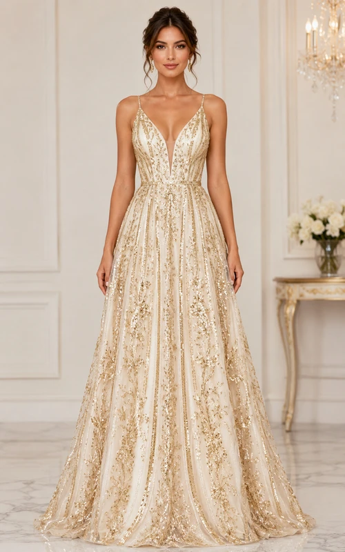 Elfenbeinfarbenes und goldenes Pailletten-Abendkleid mit tiefem V-Ausschnitt und A-Linien-Schnitt