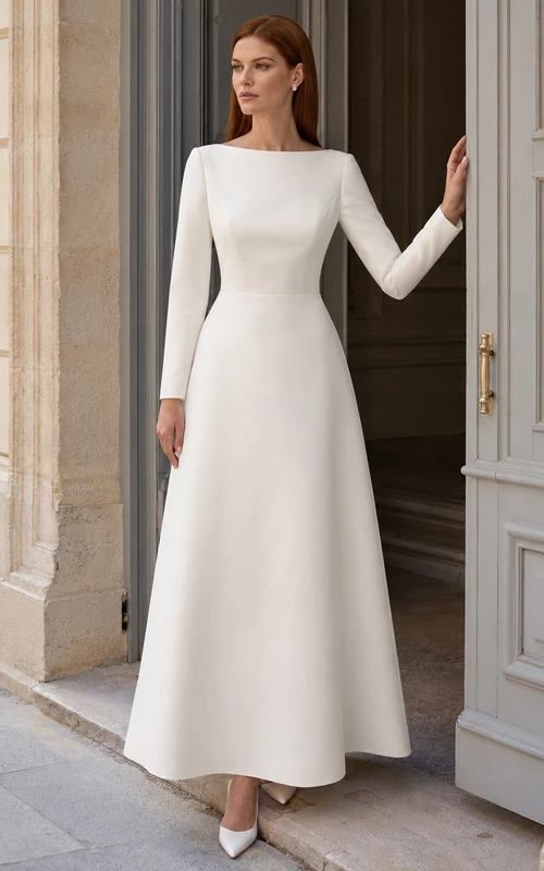 Robe de mariée civile minimaliste en satin, coupe trapèze, manches longues, style bateau, longueur cheville