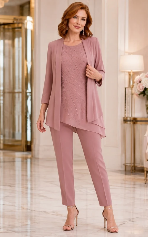 Vintage-Mauve-farbener, mehrlagiger Zweiteiler mit Hosenanzug, Rundhalsausschnitt und knöchellangem Jersey-Oberteil – ein modernes Mutter-Ensemble